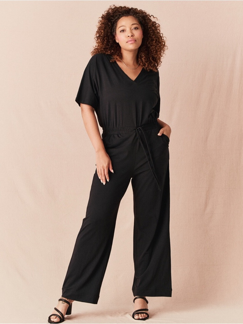 Pact Revive Black V-Neck Organic Cotton Jumpsuit Women’s Size M